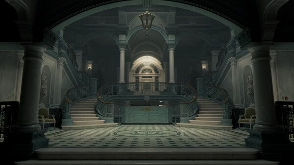 A screenshot from Resident Evil Requiem showing a grand, dimly lit hall with twin staircases, marble columns, and intricate floor patterns.