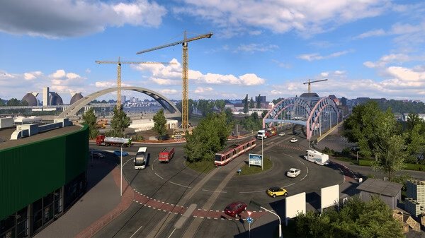 Euro Truck Simulator 2 screenshot showing a busy roundabout, cranes, bridges, and vehicles under a bright blue sky.