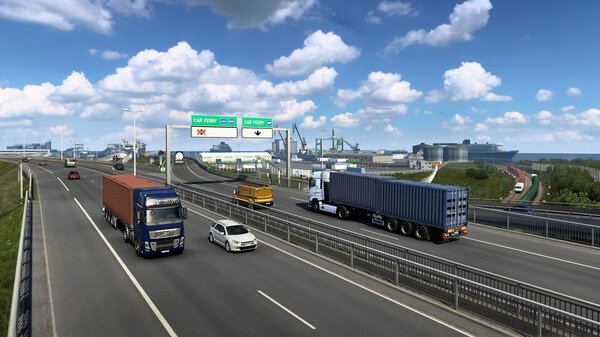 A Euro Truck Simulator 2 screenshot showing trucks, cars, and highways near a busy port under a bright, cloudy sky.