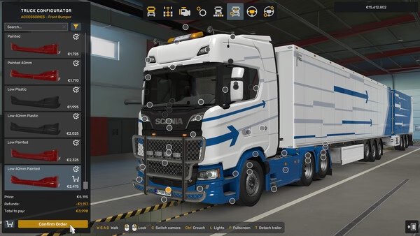 Euro Truck Simulator 2 screenshot showing a truck in a garage being customized with various accessories.