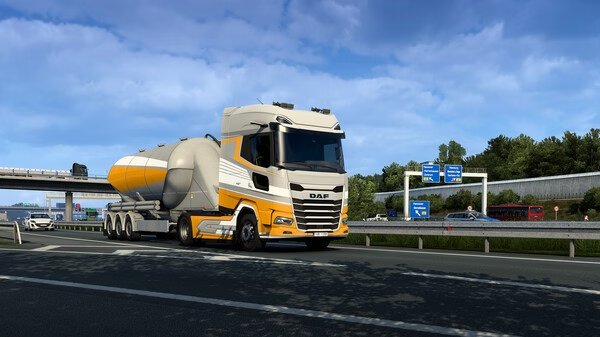 Screenshot from Euro Truck Simulator 2 showing a tanker truck on a highway with road signs and trees in the background.