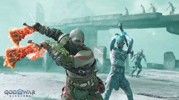 God of War Ragnarök screenshot: Character battles an ice enemy on a snowy bridge, wielding fiery weapons.