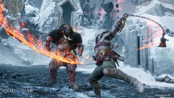 Screenshot from God of War Ragnarök showing a fierce battle between Kratos and a heavily armored enemy in a snowy landscape.