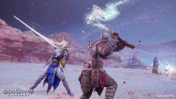 In this God of War Ragnarök screenshot, Kratos wields an axe, facing a warrior in a snowy, battle-scarred landscape.