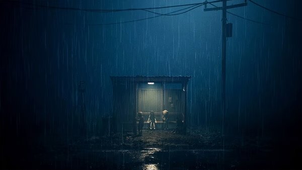 Screenshot from REANIMAL showing a dimly lit shelter at night with figures standing in the rain under heavy shadows.