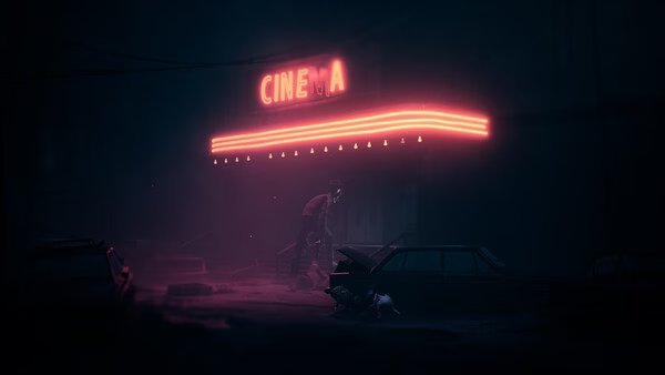Screenshot from REANIMAL showing a dimly lit street with a glowing neon cinema sign and abandoned cars in the foreground.