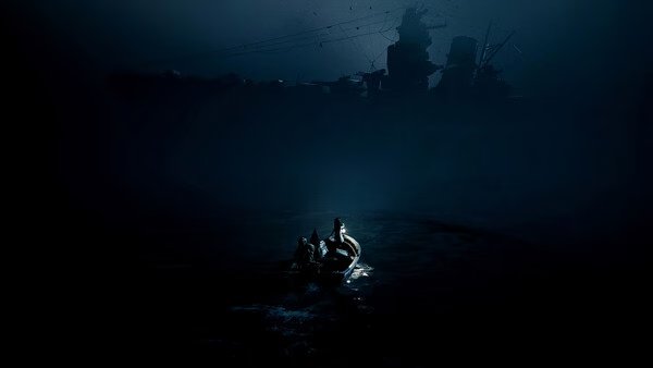 Screenshot from REANIMAL showing a lone figure paddling a small boat through dark waters with a silhouetted wreck in the background.