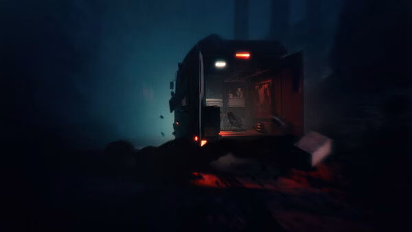REANIMAL screenshot: A dimly lit truck with its back doors open in a dark, foggy forest setting.