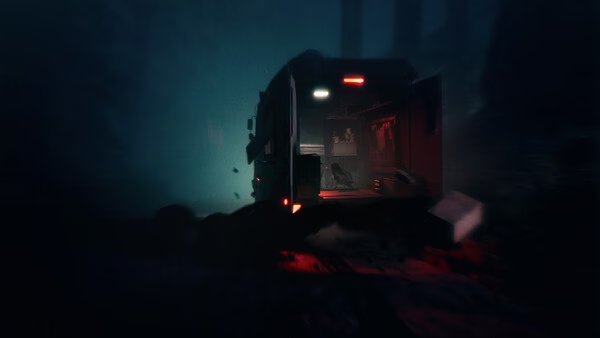 REANIMAL screenshot: A dimly lit truck with its back doors open in a dark, foggy forest setting.