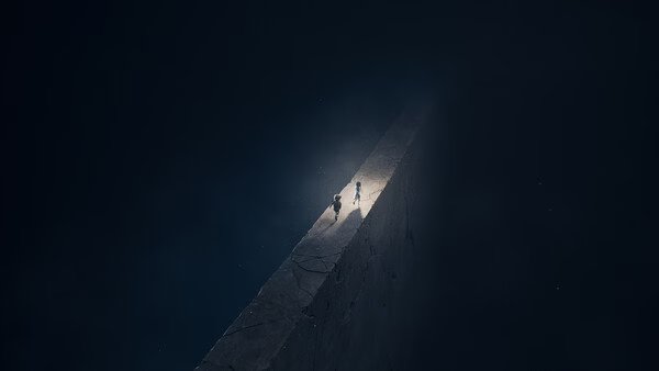 Two characters walk along a glowing edge in a dark, mysterious environment in this REANIMAL game screenshot.