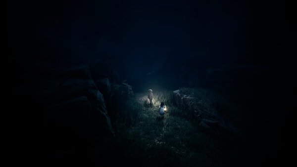 Screenshot from REANIMAL showing two characters walking through a dark forest, illuminated by a glowing lantern.