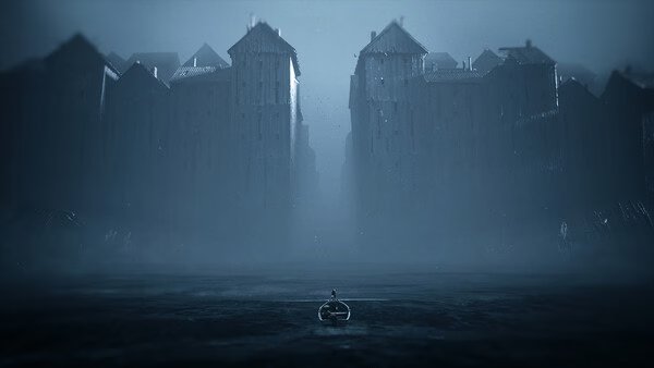 Screenshot from REANIMAL: A lone boat drifts in eerie waters towards towering, fog-shrouded buildings.