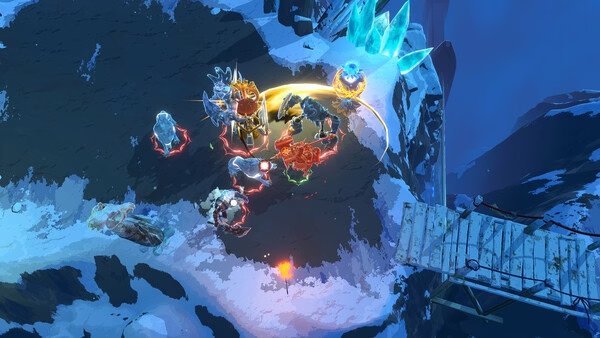 Screenshot from Shape of Dreams showing a battle scene on a snowy cliff with magical creatures and a wooden bridge.