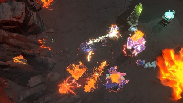 Screenshot from Shape of Dreams showing vibrant elemental creatures battling on rocky terrain with glowing symbols.