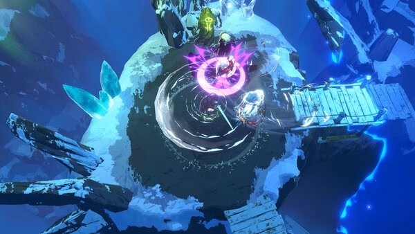 Screenshot from 'Shape of Dreams': Three glowing characters battle on a mystical, icy platform surrounded by floating rocks.