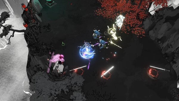 Screenshot from Shape of Dreams showing a battle scene with glowing weapons, colorful effects, and characters in a dark forest setting.