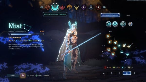Screenshot from Shape of Dreams showing Mist, a warrior character, with a sword and skill tree on the right side of the screen.