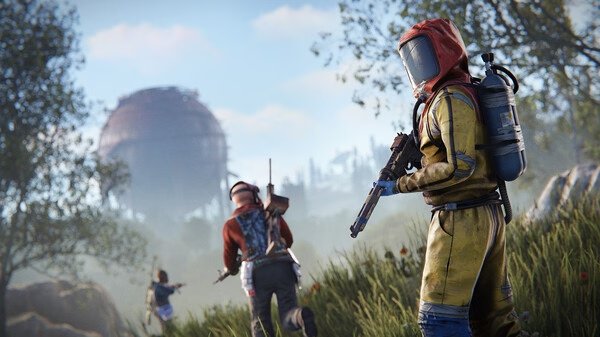 RUST screenshot: Players in hazmat suits explore grassy terrain with weapons, a large dome structure visible in the background.