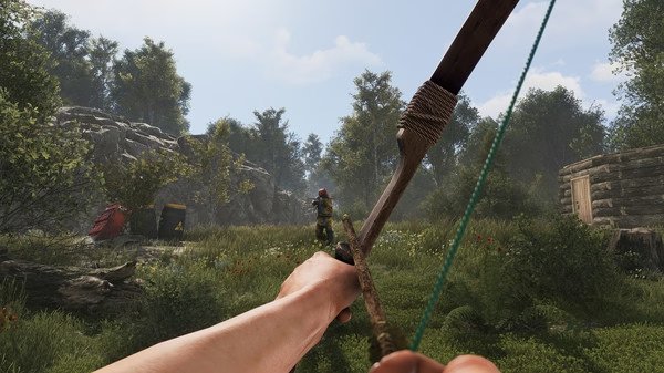 RUST screenshot: A player aims a bow at another player in a grassy forest area with tents and buildings visible in the background.
