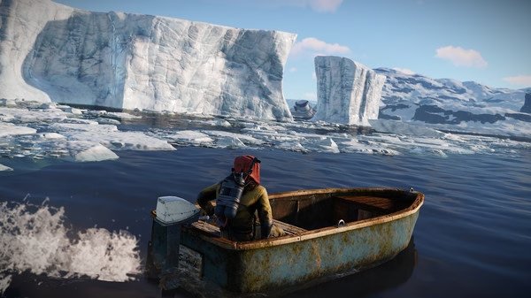 A RUST screenshot showing a person in a motorboat navigating icy waters with towering icebergs in the background.