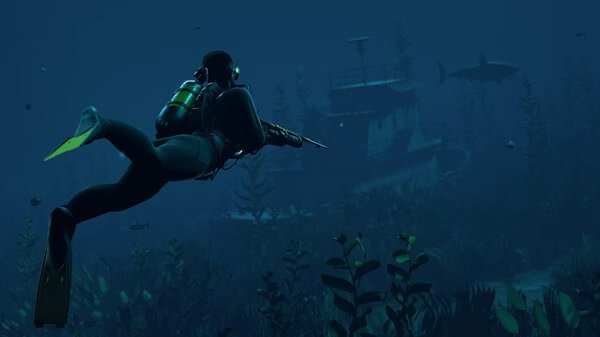 Diver with flippers and oxygen tank swims near a sunken ship in RUST. A shark swims nearby. Underwater adventure screenshot.