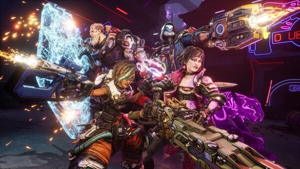 Screenshot from Borderlands 4 showing four heavily armed characters in action, wielding futuristic weapons and energy shields.