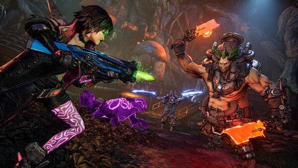 Screenshot from Borderlands 4 showing a battle scene with a character wielding a glowing weapon and a neon creature nearby.