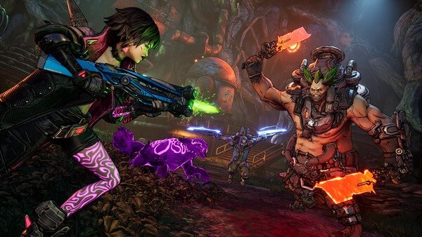Screenshot from Borderlands 4 showing a battle scene with a character wielding a glowing weapon and a neon creature nearby.