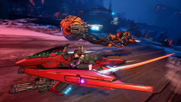 Screenshot from Borderlands 4 showing a character on a red hover bike racing against an orange drone in a snowy landscape.