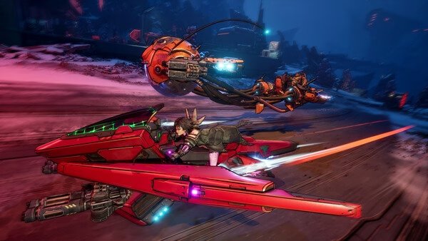 Screenshot from Borderlands 4 showing a character on a red hover bike racing against an orange drone in a snowy landscape.