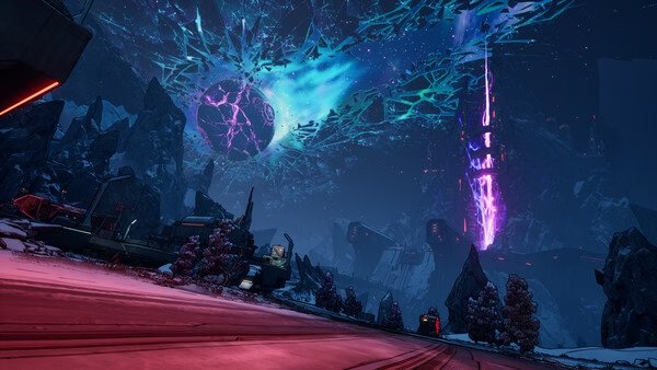 A screenshot from Borderlands 4 showing a vibrant alien landscape with a glowing purple beam and a fractured sky.