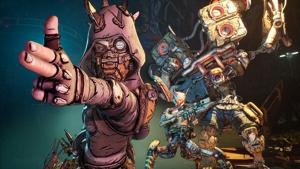 Screenshot from Borderlands 4 showing a character in a hood aiming a finger gun, with robotic enemies in the background.