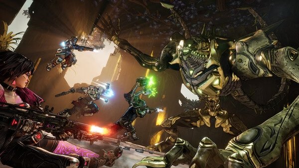 Screenshot from Borderlands 4 showing players battling a giant robotic creature in a vibrant, forested environment.