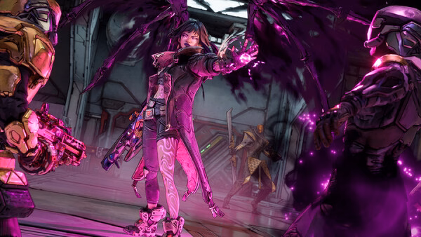 Screenshot from Borderlands 4 showing a character casting a purple spell, facing two armored enemies in a futuristic setting.