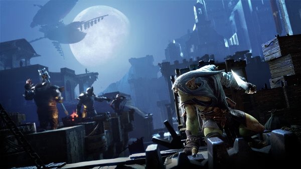 A screenshot from Styx: Blades of Greed showing Styx crouching on a fortress ledge with guards and a large moon in the background.
