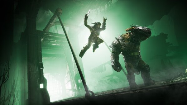 Styx: Blades of Greed screenshot shows a goblin leaping towards an armored enemy in a dimly lit, green-hued setting.