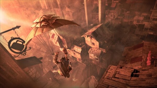 Styx: Blades of Greed screenshot showing Styx gliding with a wooden parachute over a sprawling, sunlit medieval town.