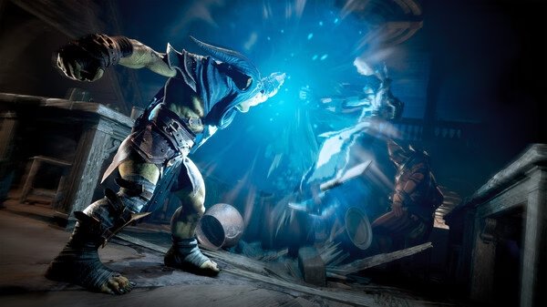 Styx: Blades of Greed screenshot featuring Styx casting a blue magical spell in a dimly lit room with overturned furniture.
