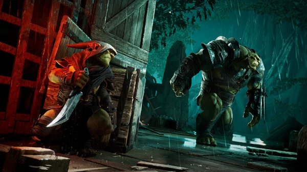 Styx: Blades of Greed screenshot showing Styx crouching with a dagger, hiding from a large armored enemy in a dimly lit forest.
