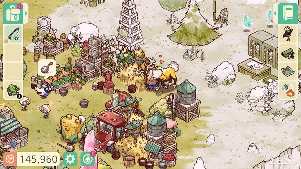 Screenshot from Cozy Grove showing a colorful campsite with a character interacting with a bear spirit among various items.