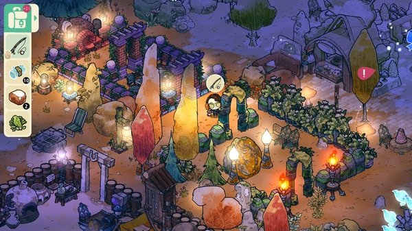 Cozy Grove screenshot: A colorful campsite at night with glowing lights, trees, tents, and a character exploring the area.