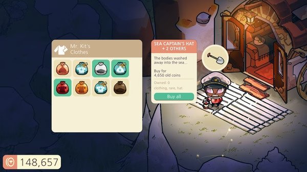 A Cozy Grove screenshot showing a character shopping for clothes outside a cozy cabin, with various hat options displayed.