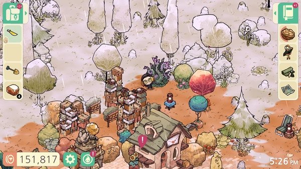 Screenshot from Cozy Grove showing a character in a whimsical forest with colorful trees and a small house.