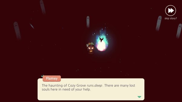 A screenshot from Cozy Grove shows a character near a bright blue flame. Ghostly figures float in the dark background.