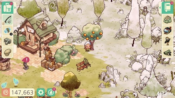 Cozy Grove screenshot: A character stands under a fruit-laden tree near a quaint house, surrounded by trees and various items.