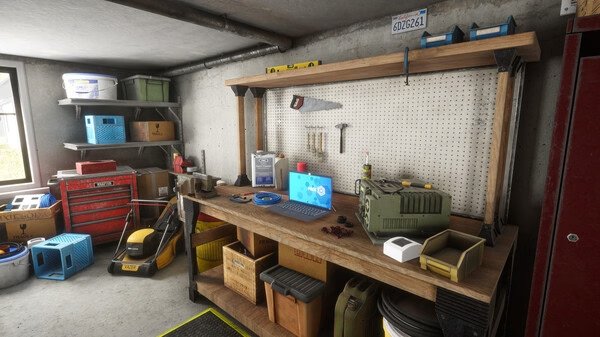 Screenshot from Electrician Simulator showing a detailed workbench with tools, a laptop, and various electrical equipment in a workshop.