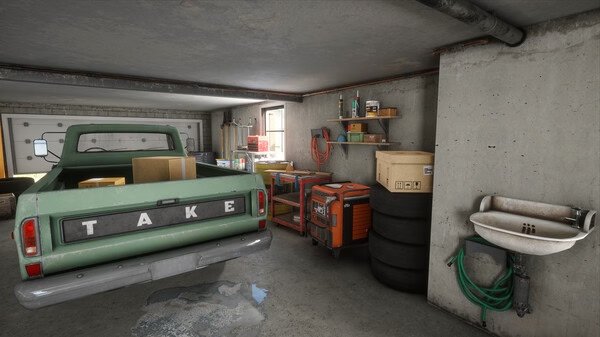 Screenshot from Electrician Simulator showing a garage with a green pickup truck, shelves, a toolbox, and various tools.