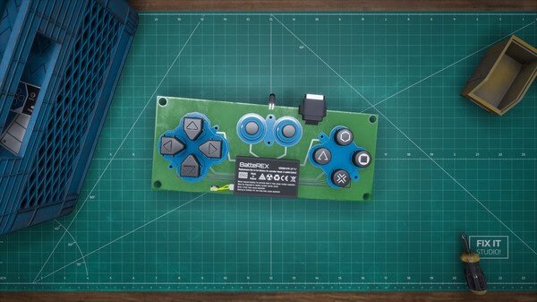 Screenshot from Electrician Simulator showing a disassembled circuit board on a green grid mat with tools nearby.