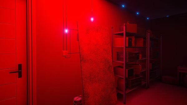 Screenshot from Electrician Simulator showing a dimly lit room with red lighting, shelves, a door, and electrical wiring on the wall.
