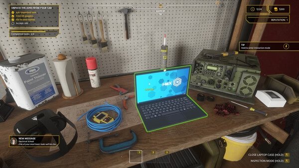 Screenshot from Electrician Simulator showing a workbench with tools, a laptop displaying a logo, and various electrical equipment.